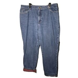 L.L. Bean Red Plaid Flannel Lined Denim Blue Jeans Pants Womens 22W Insulated